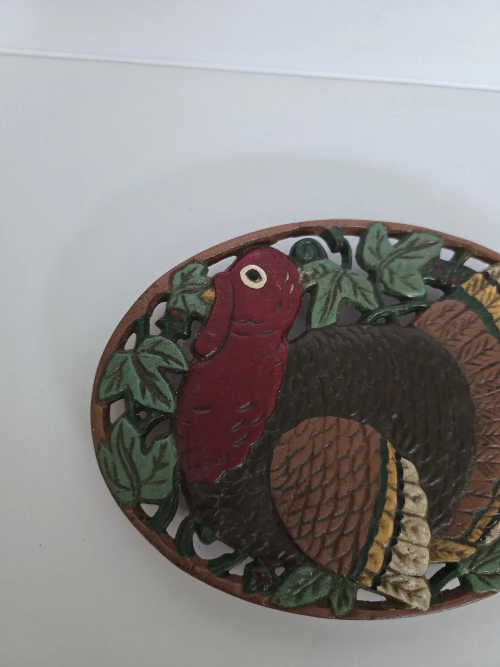 Vintage Painted Cast Iron Turkey Trivet Wall Plaque - Brown, Red, Green, Gold